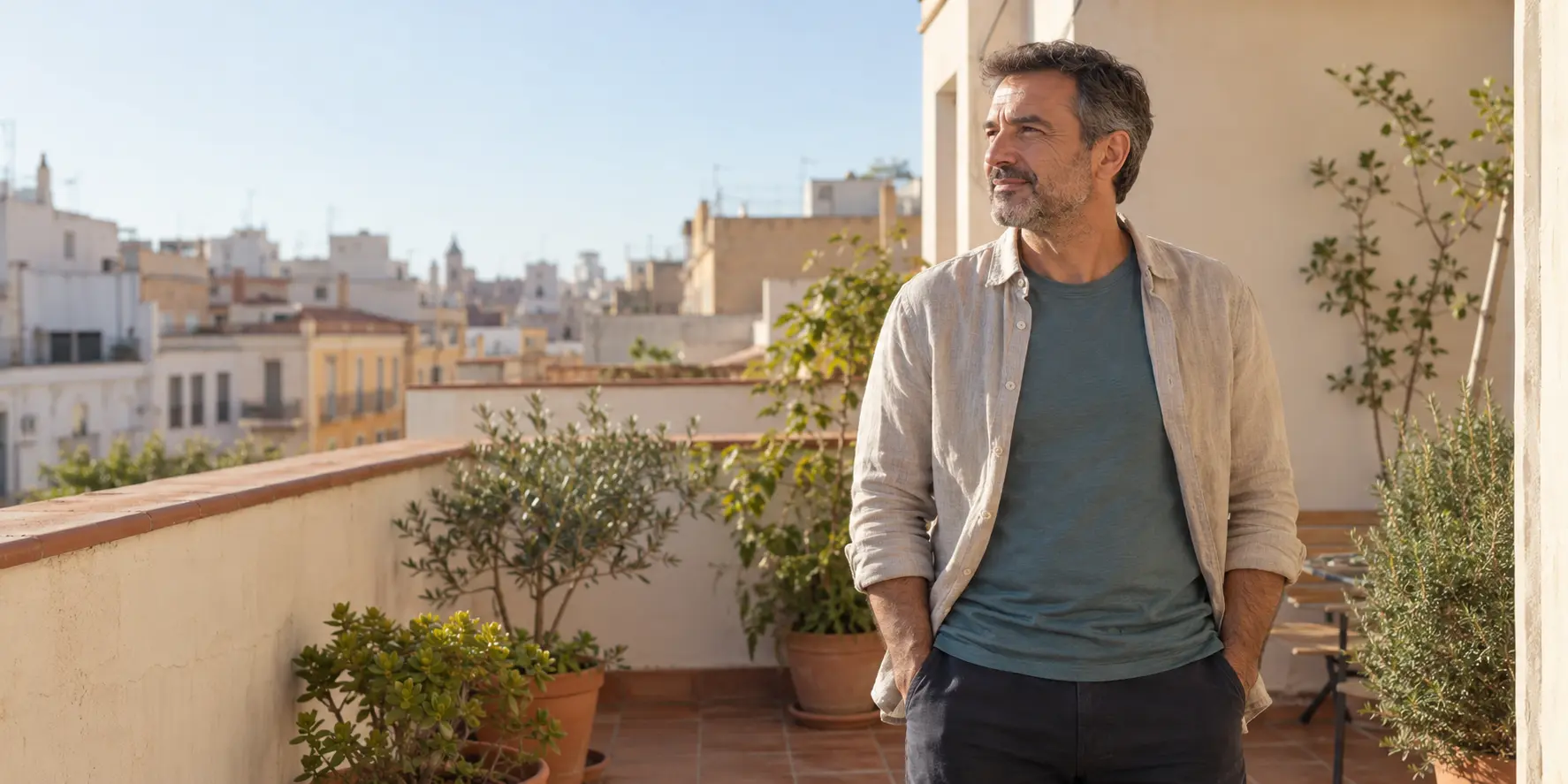 Hombre adulto en una terraza urbana luminosa en España